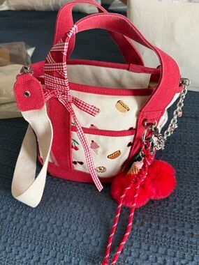 Madden Girl Red & Cream Canvas Kids Tote with Pom-Pom Charm
